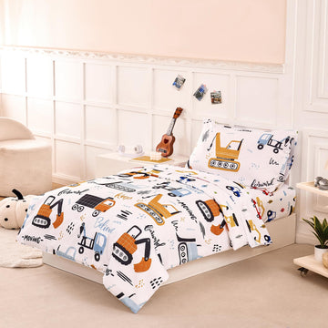 Perfemet 4 Piece Toddler Bedding Set For Boys Car Printed Toddler Comforter Set With Sheets Reversible Cartoon Tractors Kids Bed