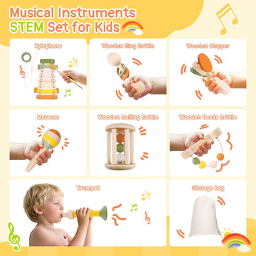 Musical Instruments 7PCS Baby Musical Toys for 18M+ Toddler Toys for 2 3 Years Old Boy Girl Wooden Xylophone Maraca Trumpet Ratt
