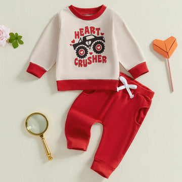 Baby Boy Fall Clothes Set Long Sleeve Letter Print Sweatshirt Pants Valentines Day Outfits 6 12 18 24 Months 2T (Red Crusher, 6-