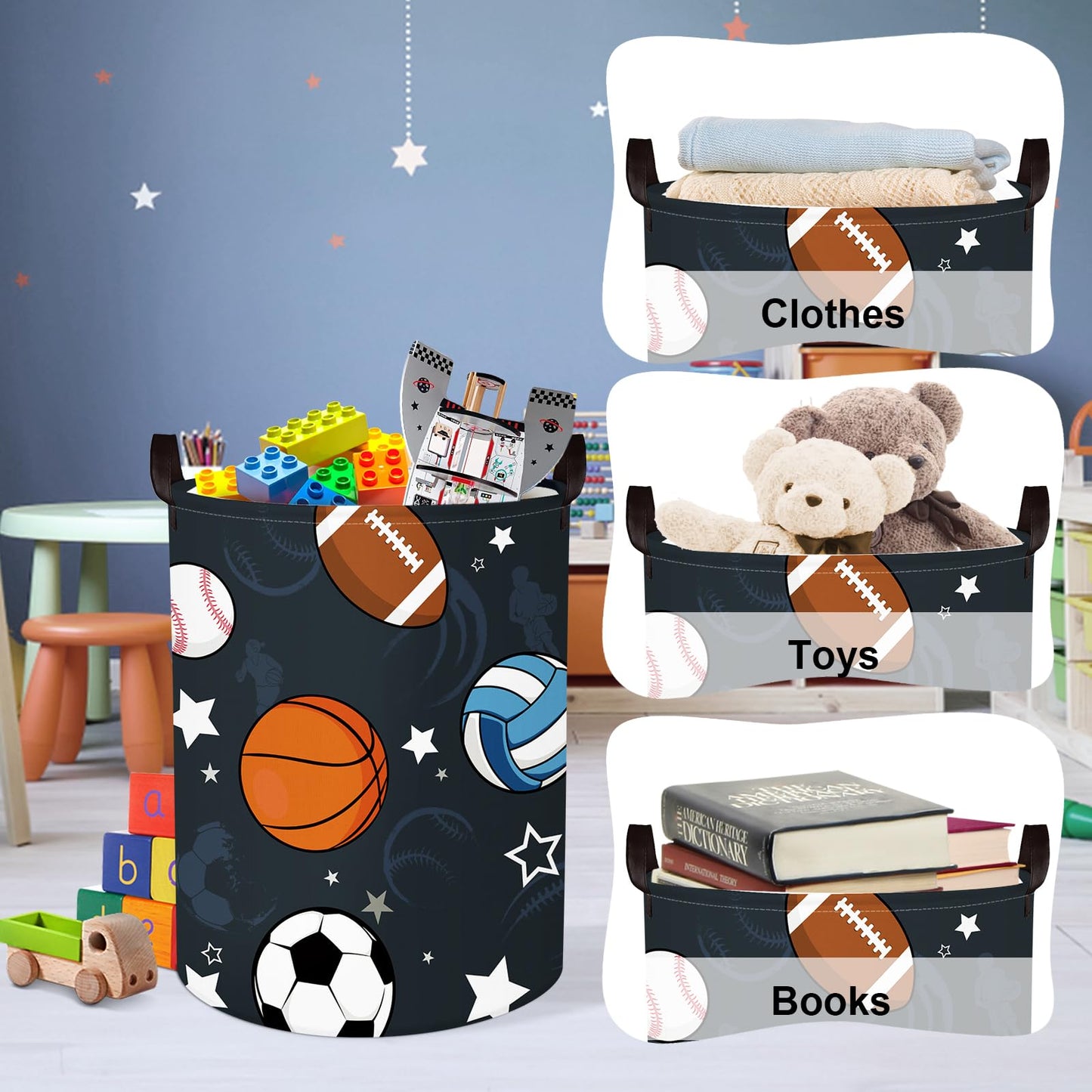 Clastyle 63L Large Sport Balls Kid Laundry Hamper With Handle For Boy Collapsible Clothes Toy Storage Basket With Lid For Bedroo