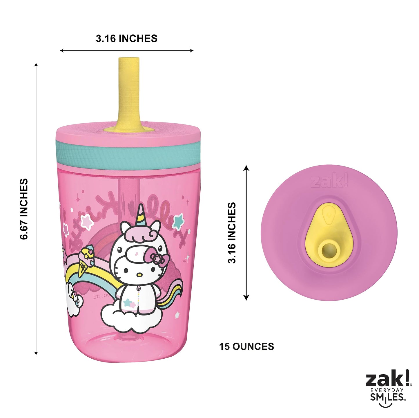 Zak Designs 15Oz Hello Kitty Kelso Tumbler Set, Bpa-Free Leak-Proof Screw-On Lid With Straw Made Of Durable Plastic And Silicone