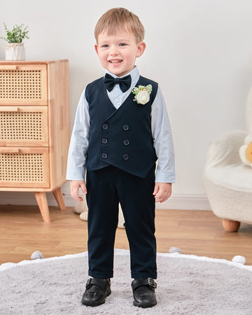 Yallet Toddler Baby Boy Clothes Suit Gentleman Wedding Outfits, Formal Dress Shirt+Bowtie+Vest+Boutonniere+Suspender Pants(V Nav