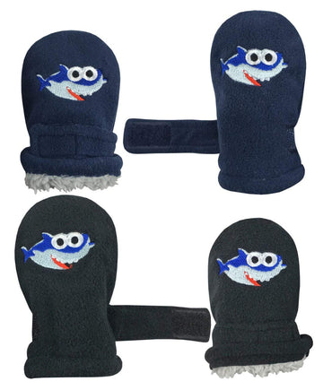 N'Ice Caps Baby Toddler Mittens Kids 2 Pairs Fleece Gloves Winter Warm Sherpa Lined (Black Sharks/Navy Sharks - Infant No Thumbs