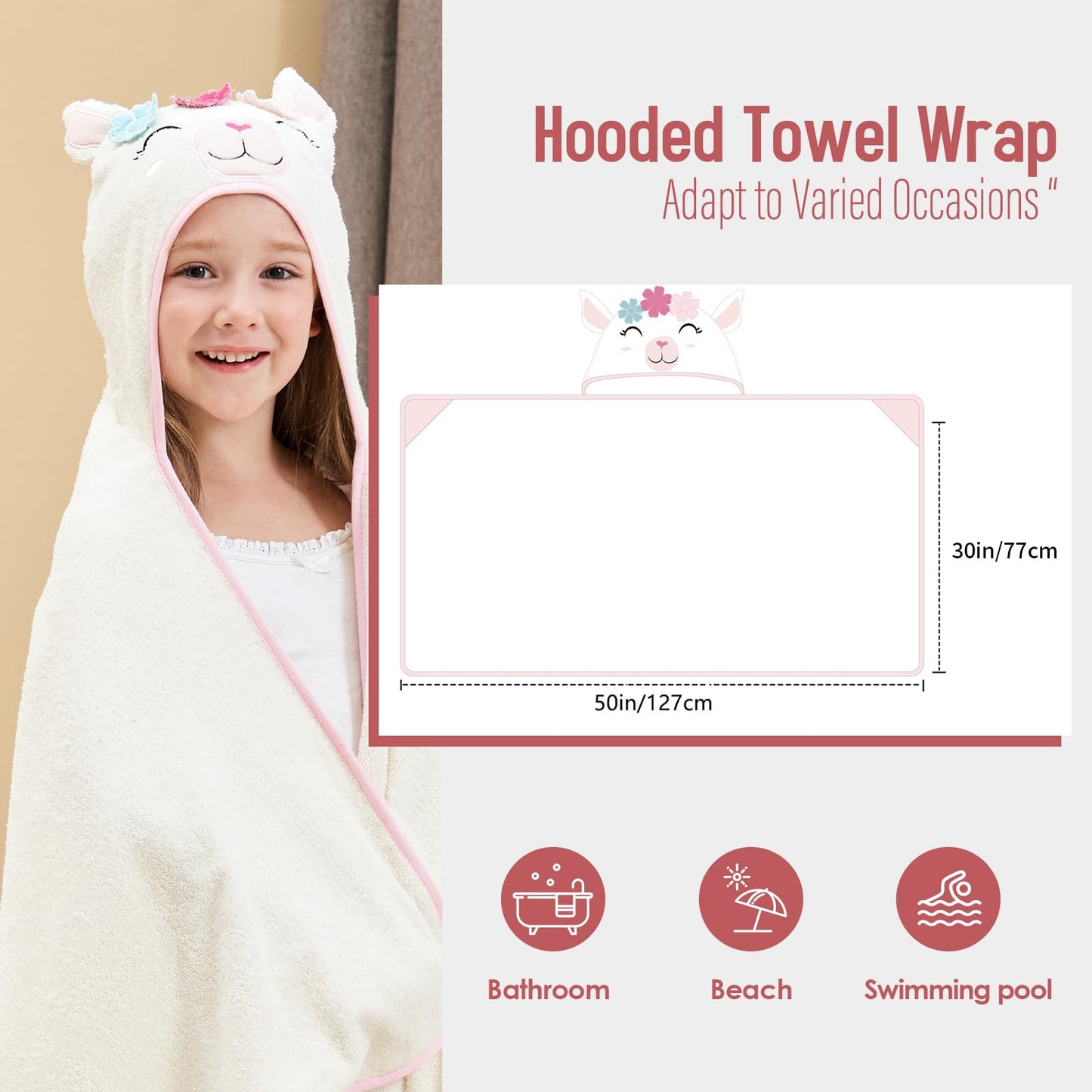 Style Quarters Baby Bath Towel - 100% Cotton Terry Soft Hooded Towel Cartoon Alpaca Baby Beach Towels Super Absorbent Large Embr