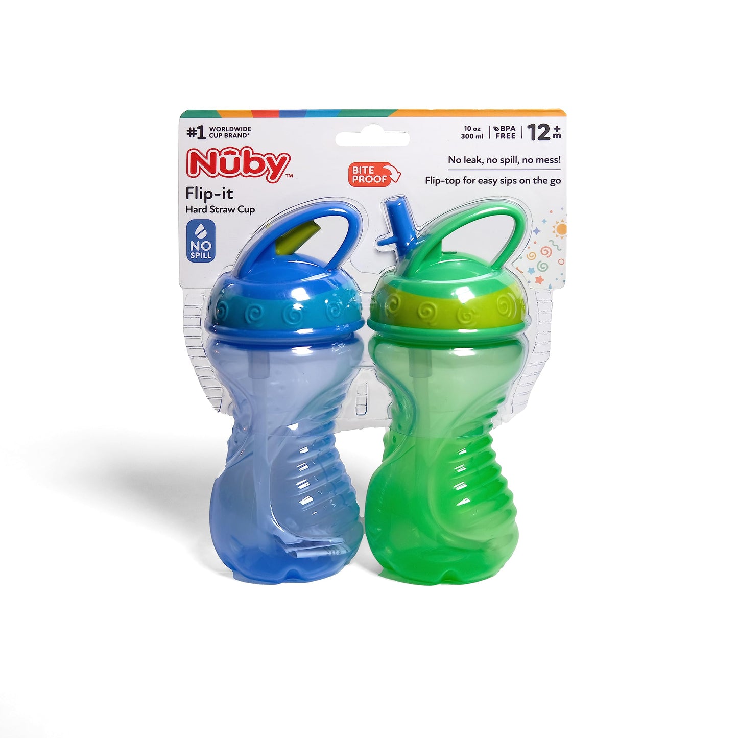 Nuby 2-Pack Flip-It Easy Grip Cups With Easy-Flo Straw, 10 Ounce, Colors May Vary