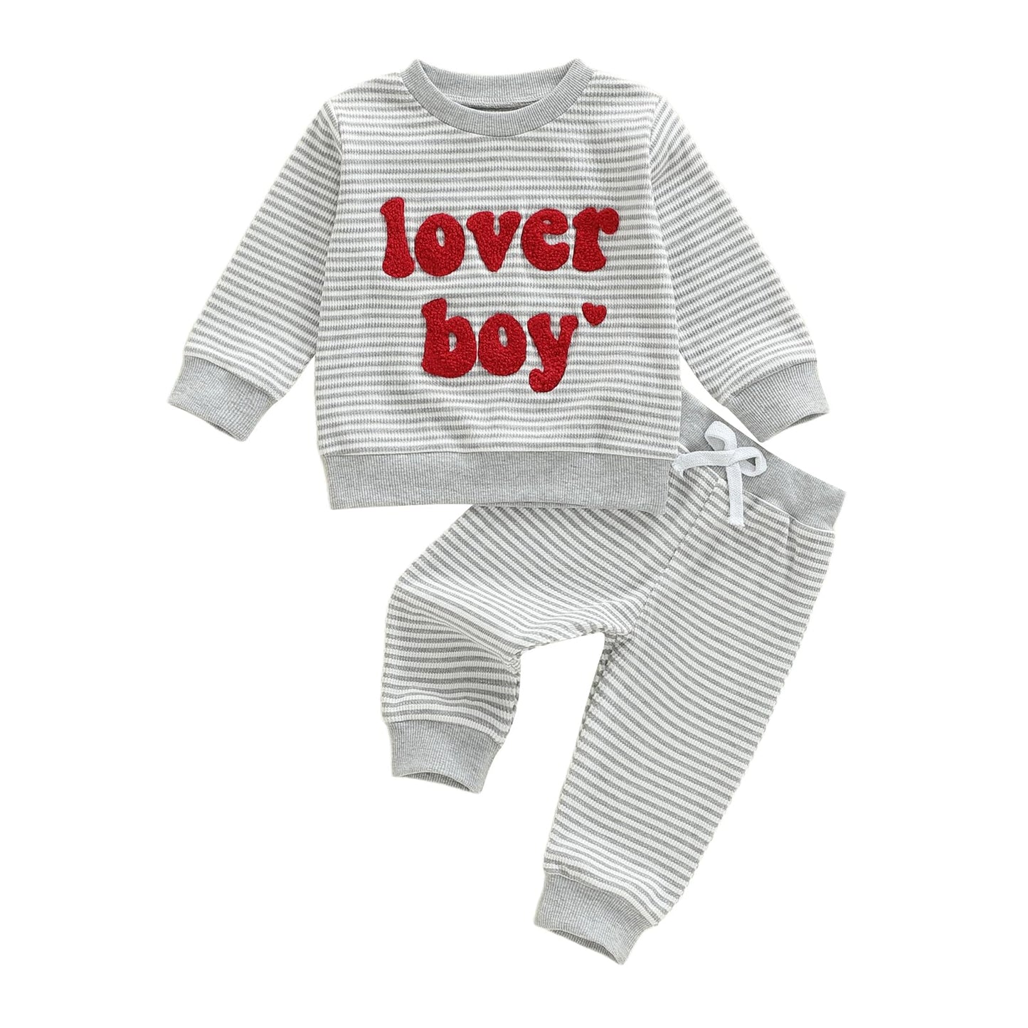 Lesimsam Toddler Baby Boy Valentines Outfit Lover Boy Embroidery Long Sleeve Waffle Knit Sweatshirt and Pants Set (Striped-Gray,