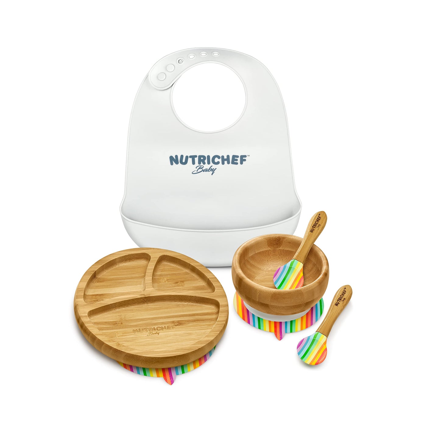 Nutrichef Baby and Toddler, 3 compartment plate, bowl, and spoon feeding set- silicon suction, Non-toxic all natural Bamboo baby