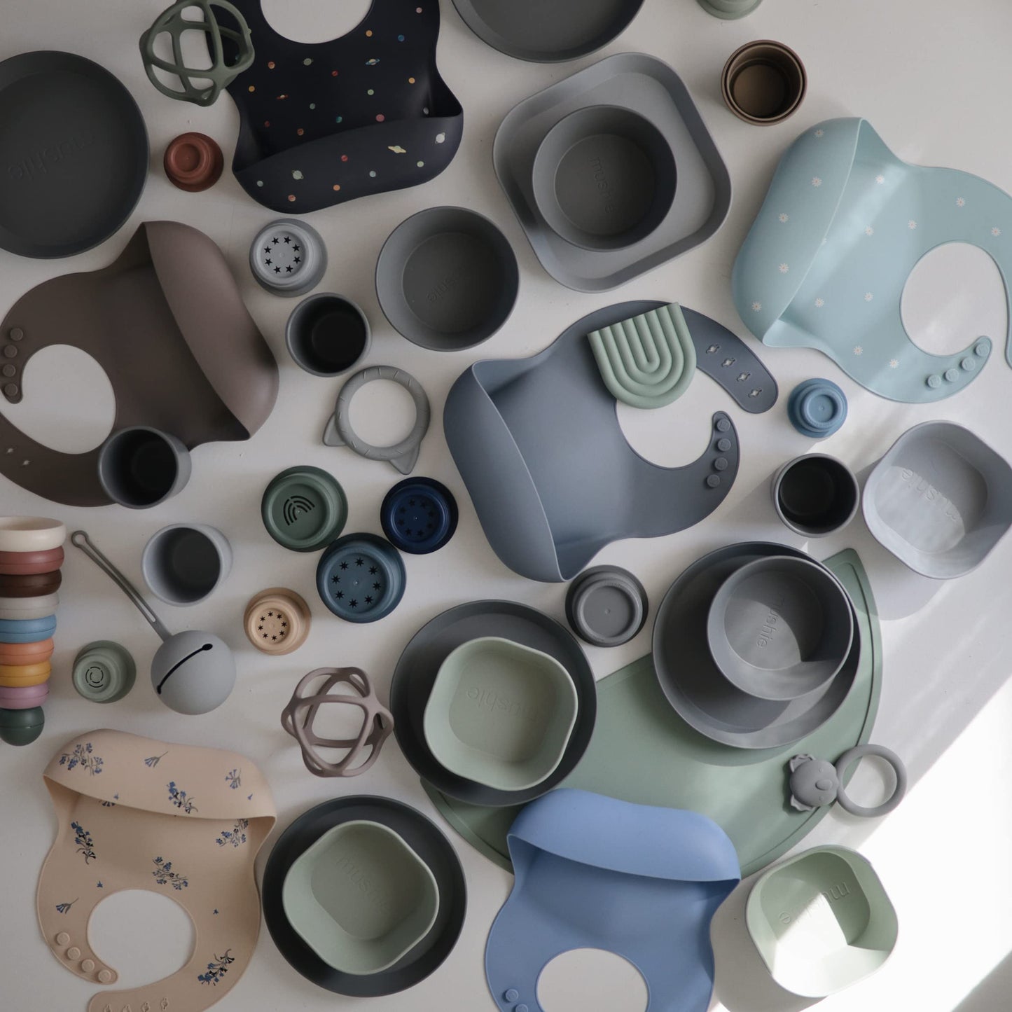 Mushie Silicone Baby Bib | Adjustable Fit Waterproof Bibs (Silver Sage)