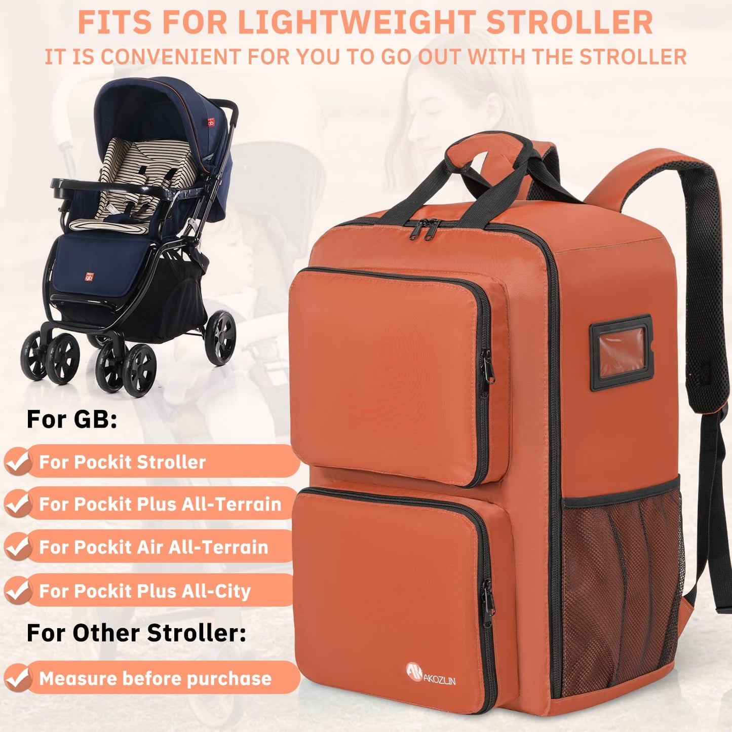 Akozlin Foldable Stroller Travel Bag Backpack - 14.2'X8.7'X20.5' Compatible With Gb Pockit+ & Air - Orange