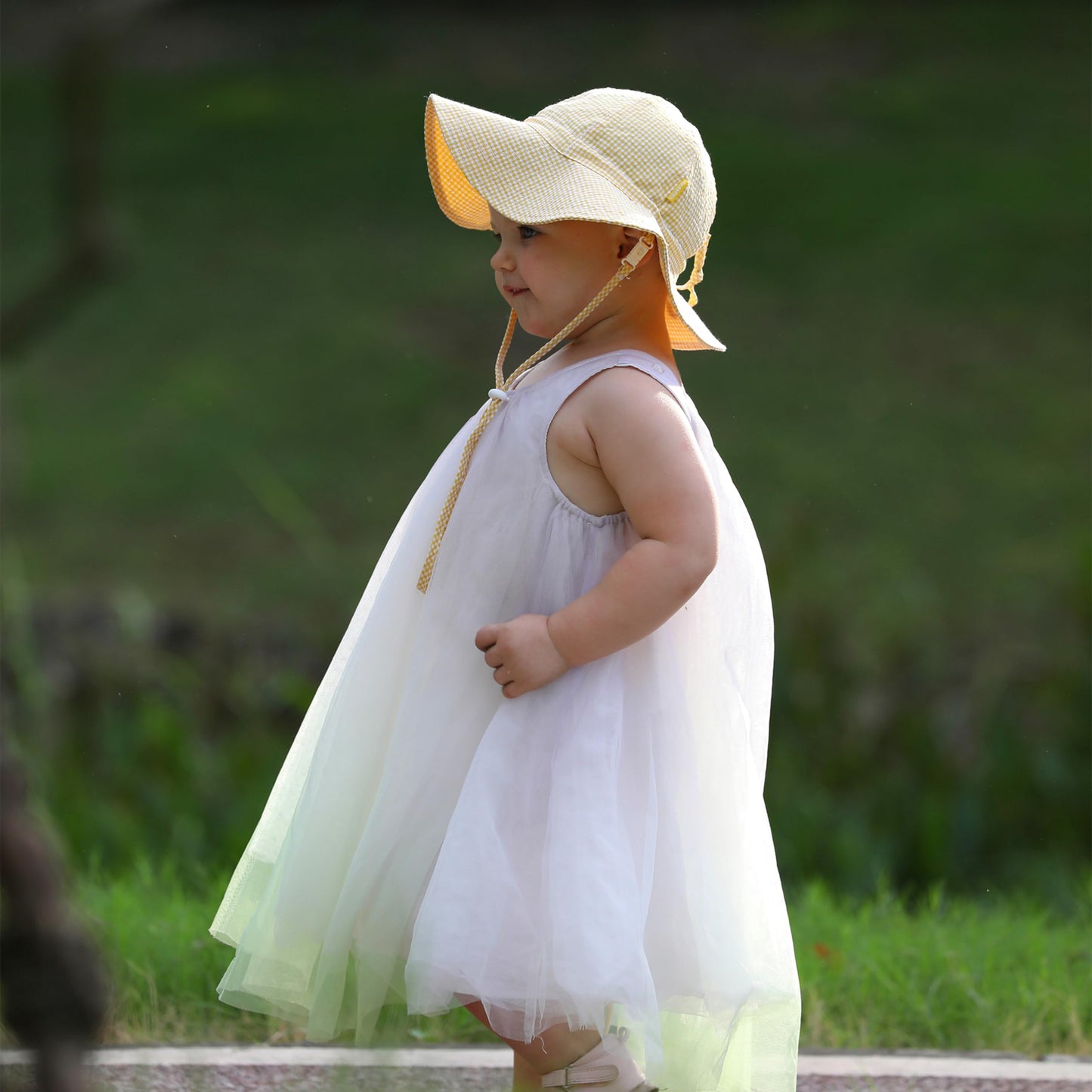 Dasmini Baby&Toddler Stripe Wide Brim Sun Hats Upf 50+ Sun Protection Beach Bucket Cap Cute Adjustable Hat (Yellow Checkered, 2-