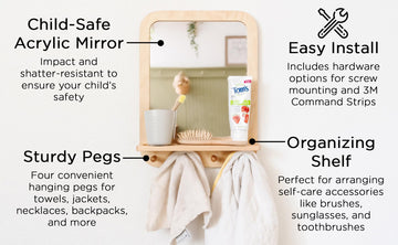 Montessori Wooden and Acrylic Wall Mirror with Hooks for Toddlers - Entryway Mirror with Hooks and Shelf Organizer Self-Care Sta