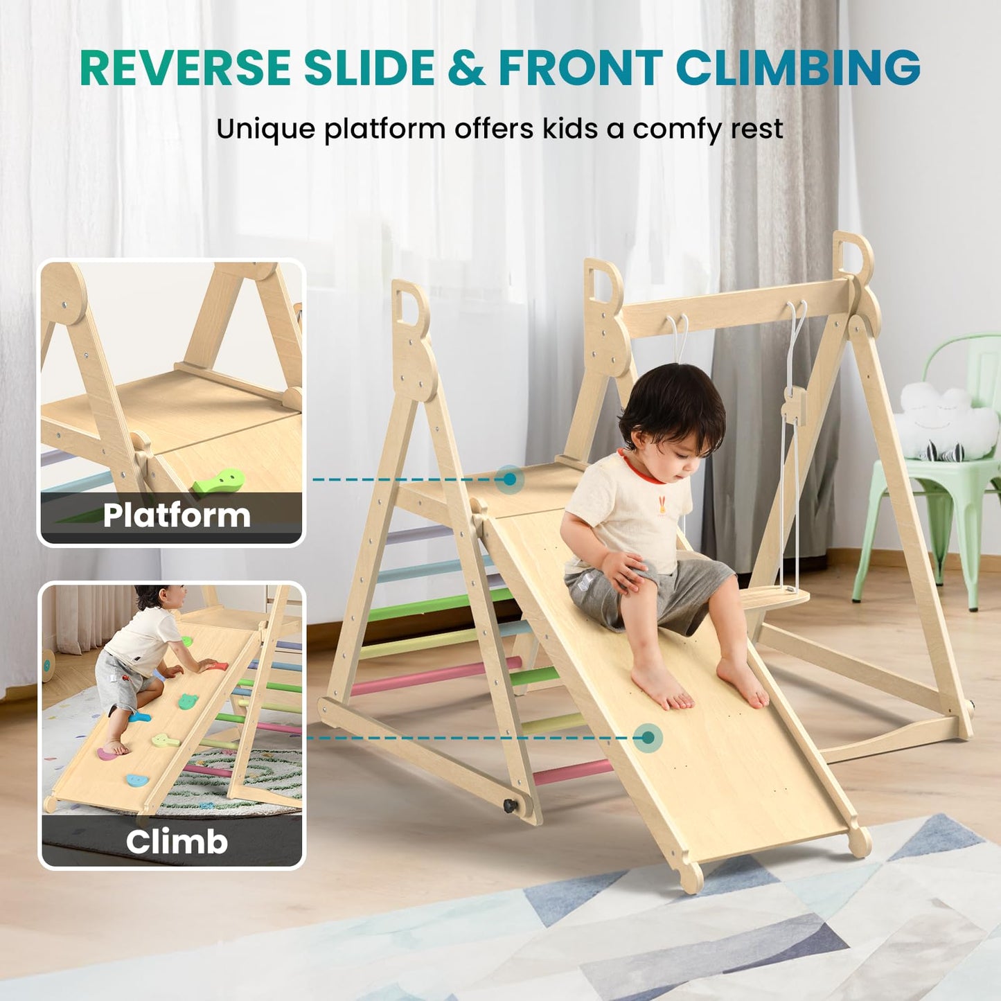 Bluewood 4 In 1 Indoor Jungle Gym, Foldable Wooden Climbing Set With Swing, Slide, Ladder And Climbing Wall, Montessori Philosop