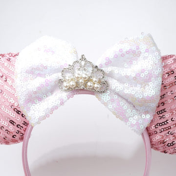 Foeran Mouse Ears Headbands Shiny Bows Mouse Ears Glitter Party Princess Decoration Cosplay Costume For Girls Women (Pearl Crown