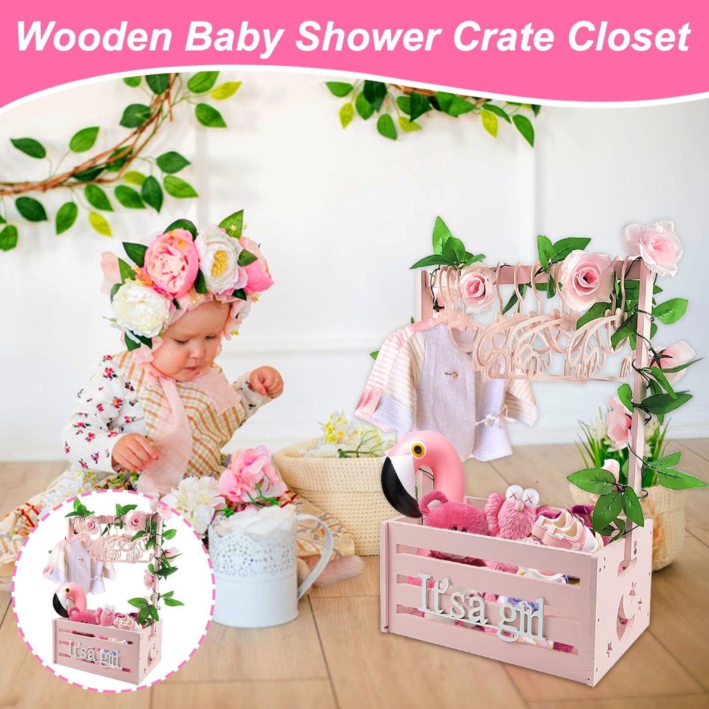 Wooden Baby Shower Crate Closet, Baby Storage Crate Hamper With Handle, Garland And 10 Clothes Hangers, Baby Shower Gifts Basket