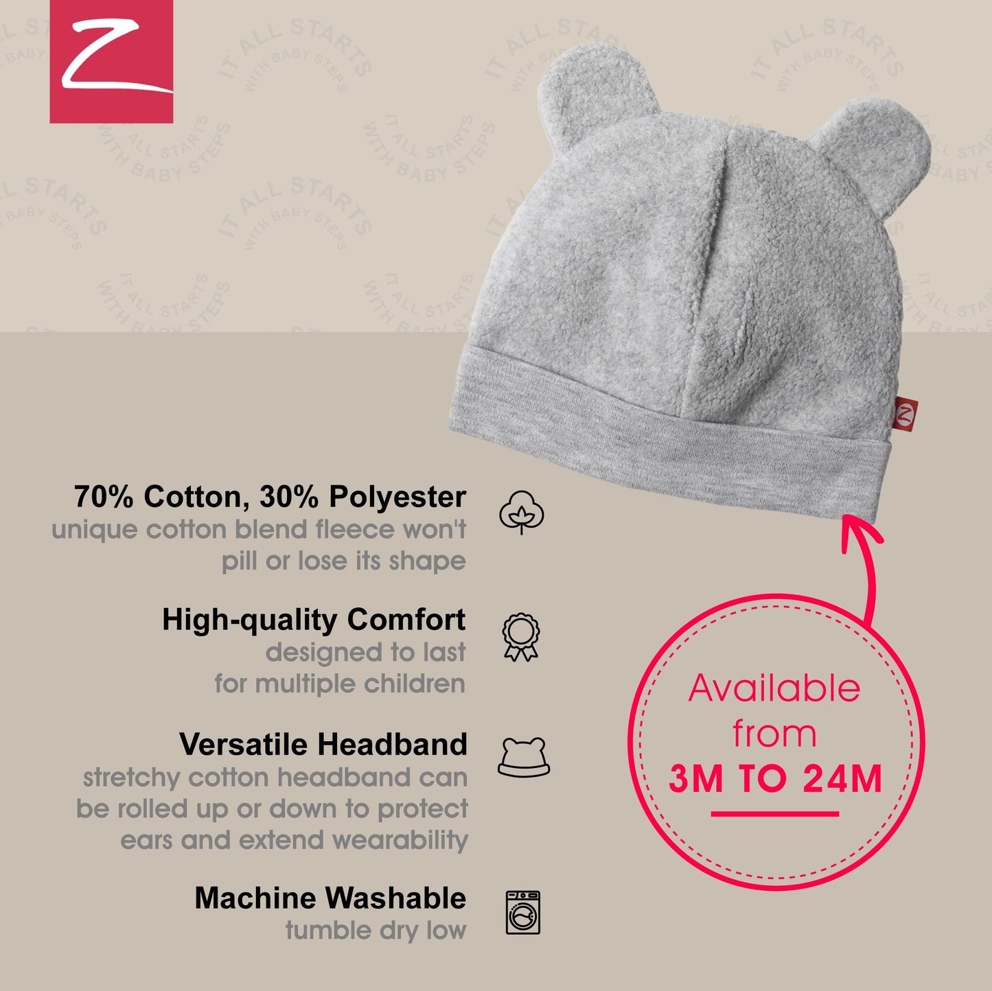 Zutano Unisex Baby Fleece Hat, Winter Baby Hat For Boys And Girls, Cold-Weather Baby Gear, Infant Cap, Heather Gray, 24M
