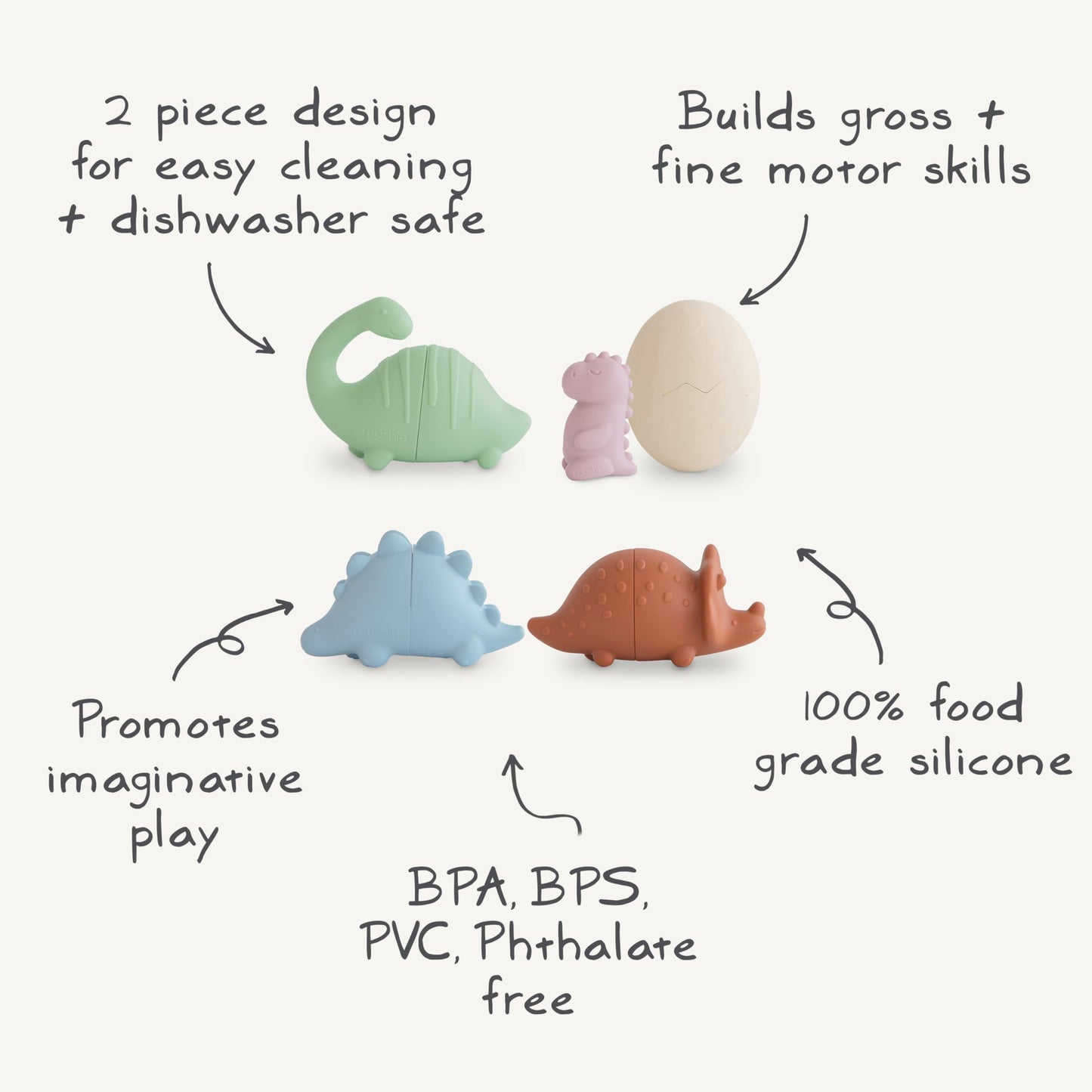 mushie Dino Bath Toys Play Set for Toddlers | 100% Food Grade Silicone | Mold Free, Pack of 5