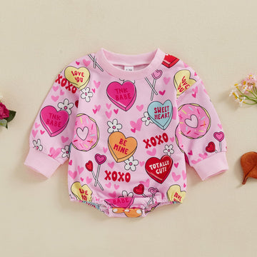 Valentines Day Baby Girl Outfit Infant Bubble Romper Heart Floral Sweatshirt Newborn My First Valentine Clothes (D Xoxo Heart Pi