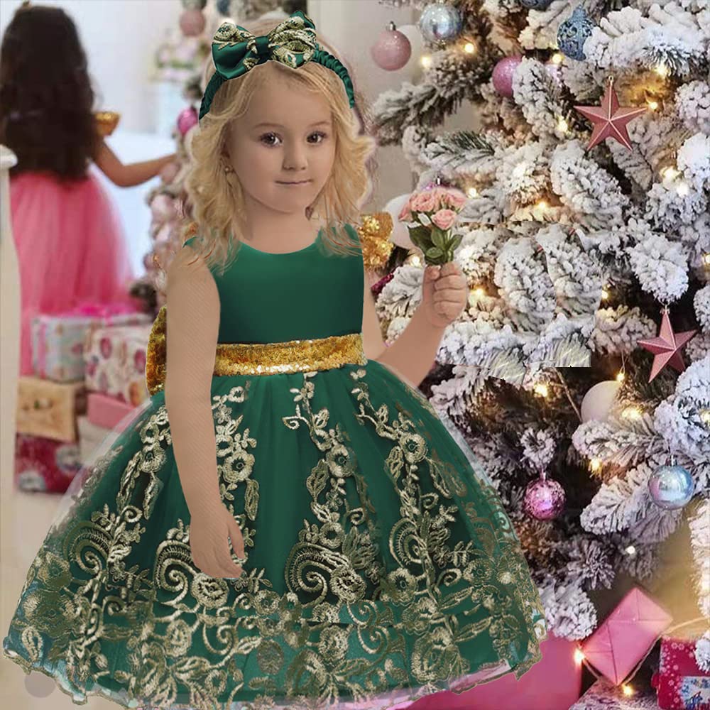 Baby Princess Girls Embroidery Dresses Toddler Lace Ruffles New Year Easter Tutu Dress With Headwear (Dark Green,80)