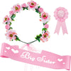 Willbond 3 Pcs Big Sister Accessory Set Big Sister Flower Crown Satin Sash Pin Big Sister Gifts For Baby Shower Party(Pink)