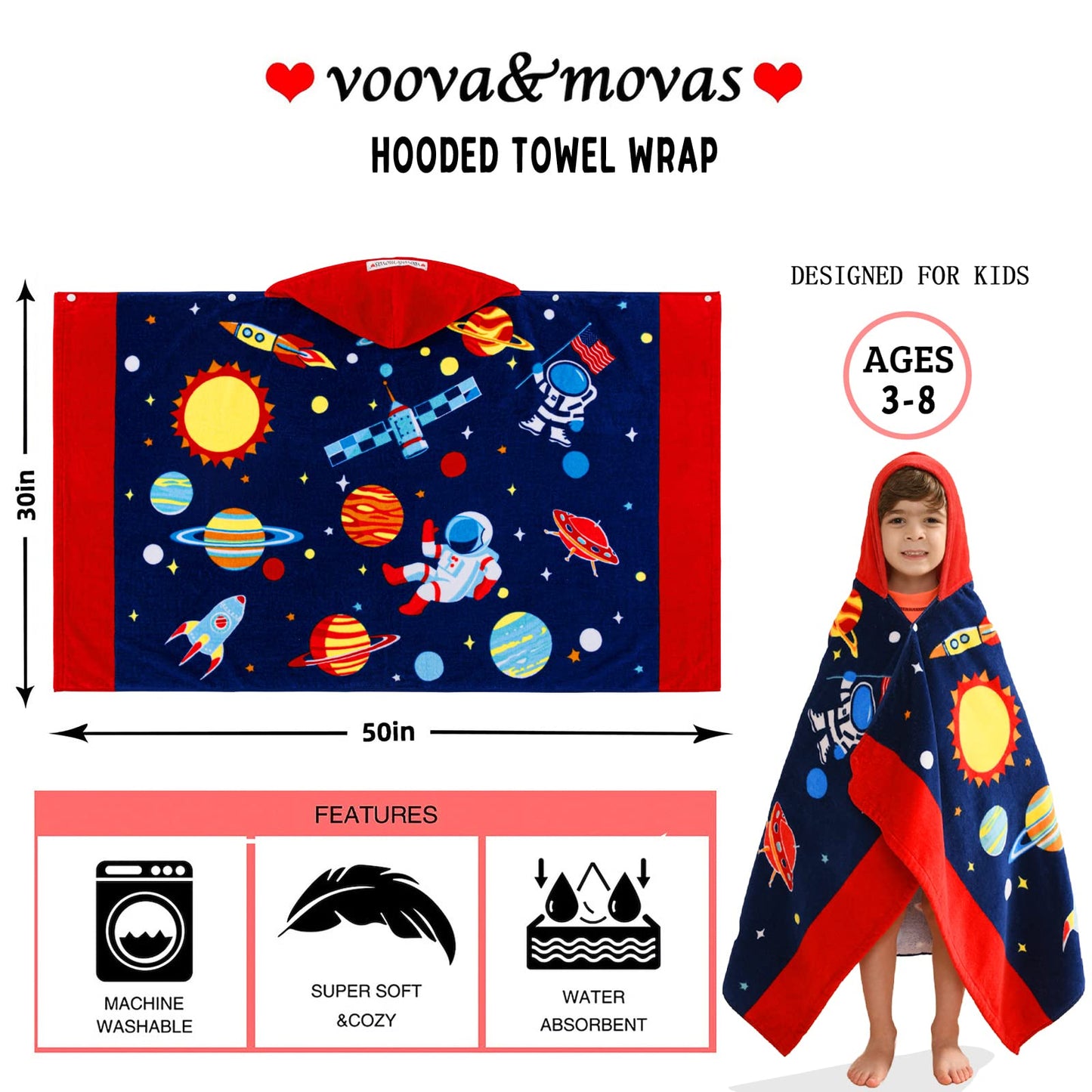 VOOVA & MOVAS Kids Hooded Towels Age 3-10, 30X50,Soft | Thick | Absorbent Cotton Beach, Bath, Pool Towel | Wrap, Oversized for