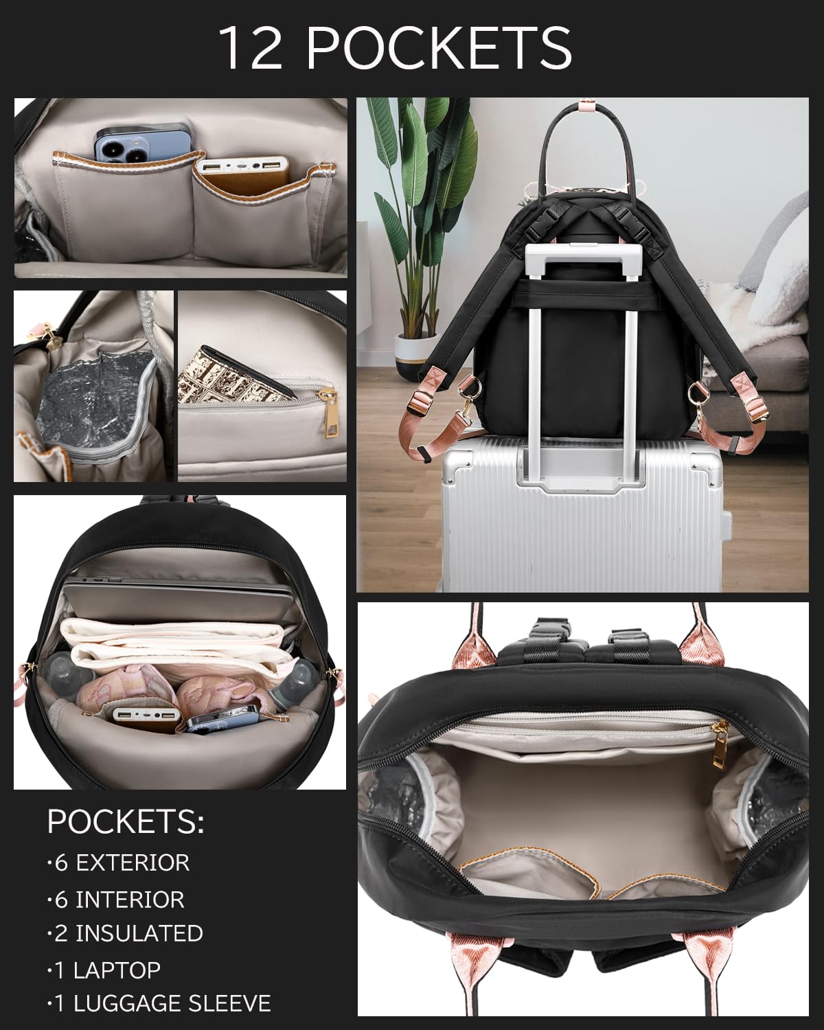 Loradi Medium Diaper Bag Backpack With Storller Clips, Water-Resistant Cute Diaper Tote With Anti-Theft Pocket, Black