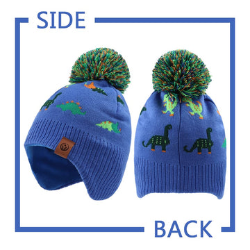 Knitted Baby Hat Scarf Set Winter Warm Boys Girls Beanie Fleece Lining Toddler Kids Hat With Pompom(Royal Blue Dinosaur Hat,M)