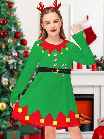 Kids Christmas Long Sleeve Dress Girls Cute Elf Outfits Xmas Party Green Aline Dresses 7-8 Years