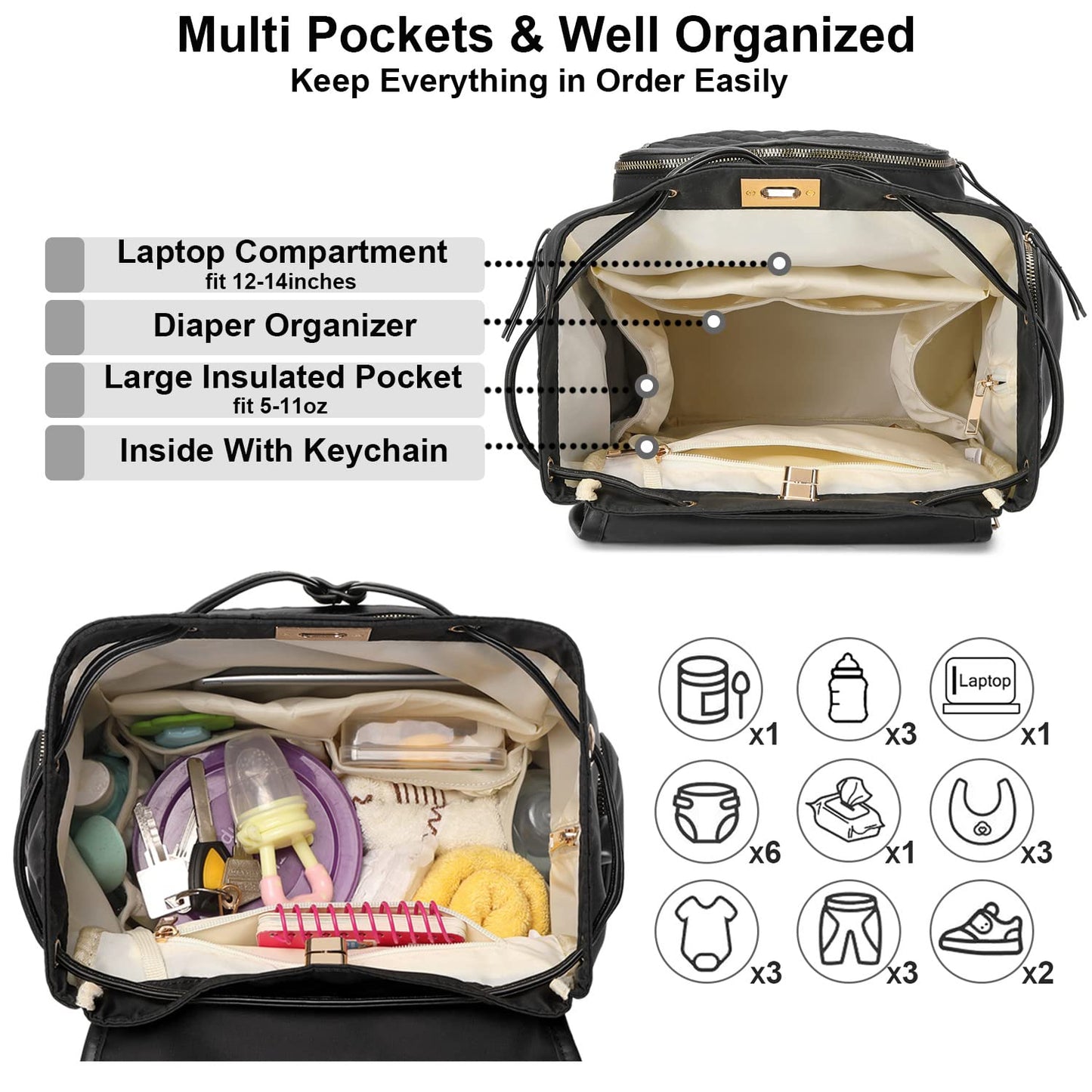 Terzini Bear Diaper Bag Backpack, Diaper Bags For Baby Boy Girl With Usb Charging Port,Changing Mat,Stroller Hooks (Black)