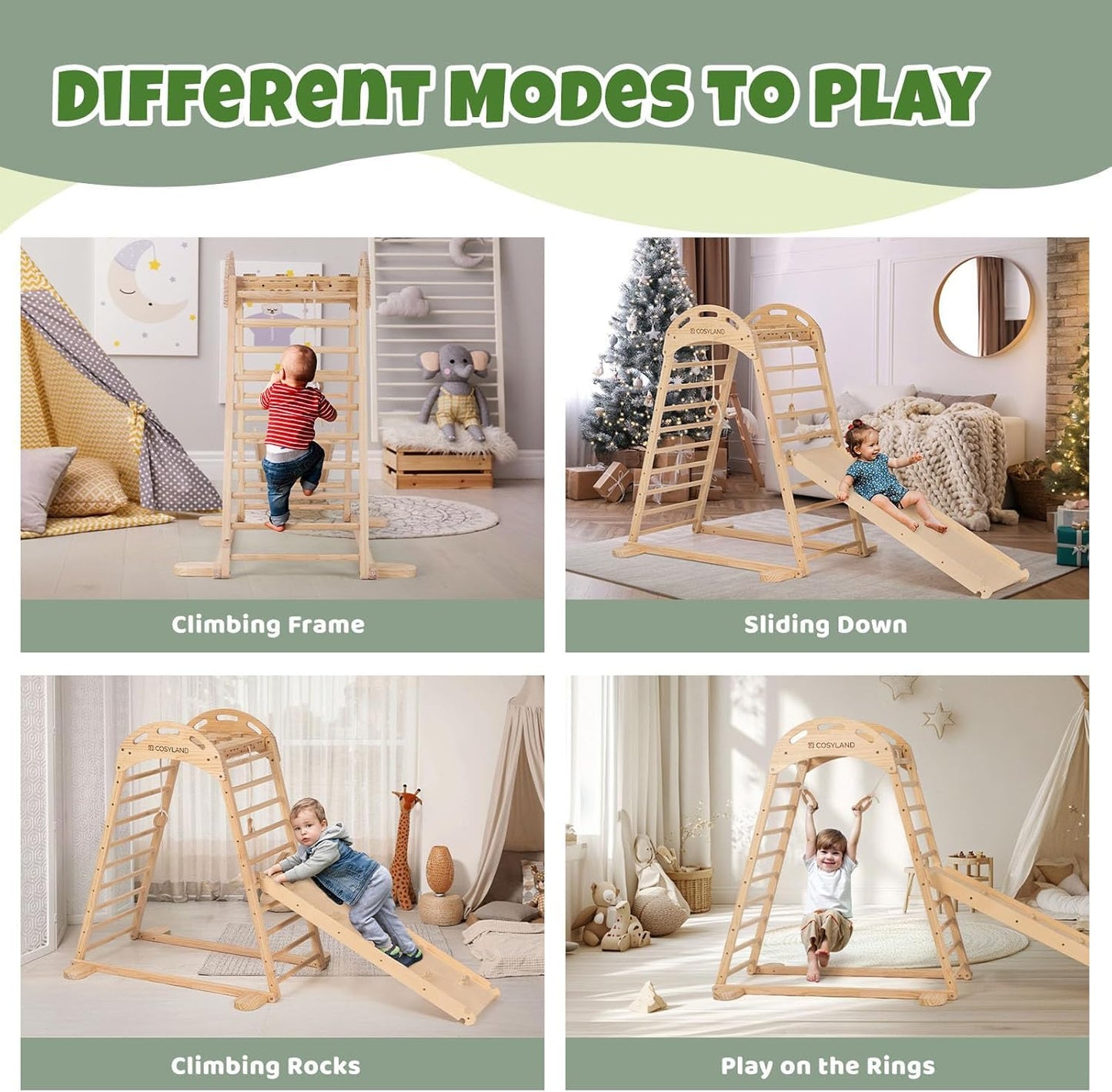 Cosyland Indoor Playground, Wooden Jungle Gym Climber Playset With Slide, Quick Installation Toddler Climbing Toys For Small Spa