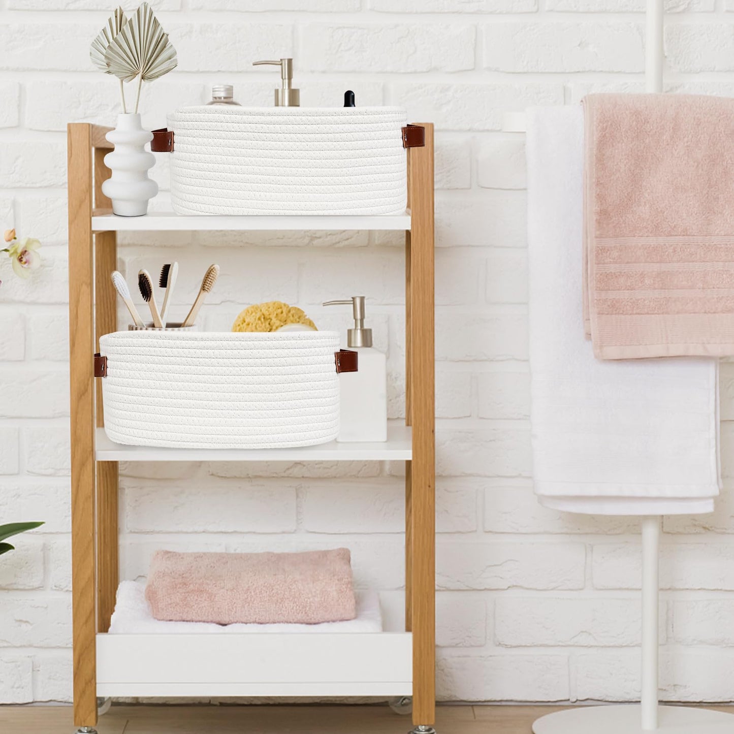 Abenkle Small White Basket With Handle, Soft Woven Storage Bins Baskets For Baby Cat And Dog Toys Organizer, Decorative Shelves