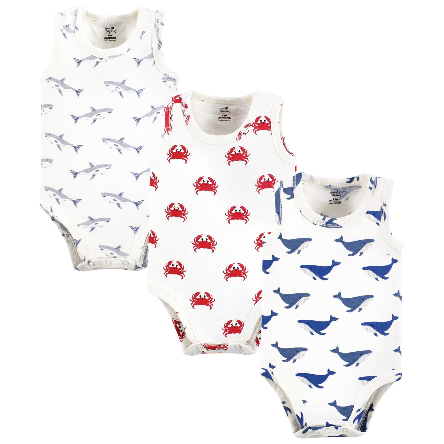 Touched By Nature Unisex Baby Organic Cotton Sleeveless Bodysuits, Mystic Sea Creatures, 12-18 Months