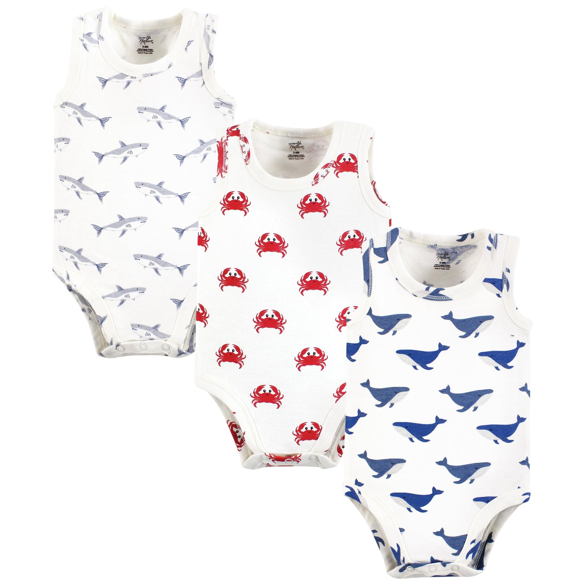 Touched By Nature Unisex Baby Organic Cotton Sleeveless Bodysuits, Mystic Sea Creatures, 12-18 Months