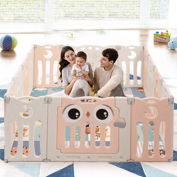 Costzon Foldable Baby Playpen Baby Fence With Lock Door, Rubber Pads & Anti-Slip Rubber Bases, Indoor Outdoor Safety With Adjust
