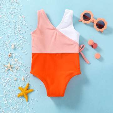 Younger Tree Toddler Girl One Piece Swimsuit Color Block Stripe Swimwear Summer Beach Bathing Suit 12M-5T (2-3T, Orange White)