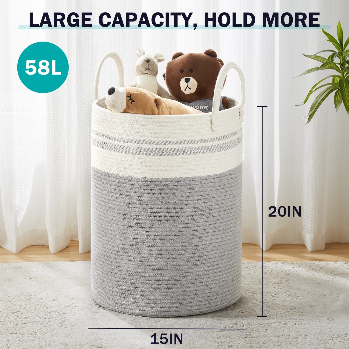Youdenova Woven Rope Laundry Hamper Basket, 58L Tall Luandry Basket, Baby Nursery Hamper For Blanket Storage, Clothes Hamper For