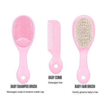 Bradys House - 3 Piece Baby Hair Brush And Comb Set For Newborns And Toddlers (Pink)