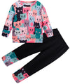 Retsugo Girls Cat Outfit Cat Clothes For Girls Kitty Shirts Cartoon Sweatshirts Top Black Leggings 2Pcs Girl Clothes Fall/Winter