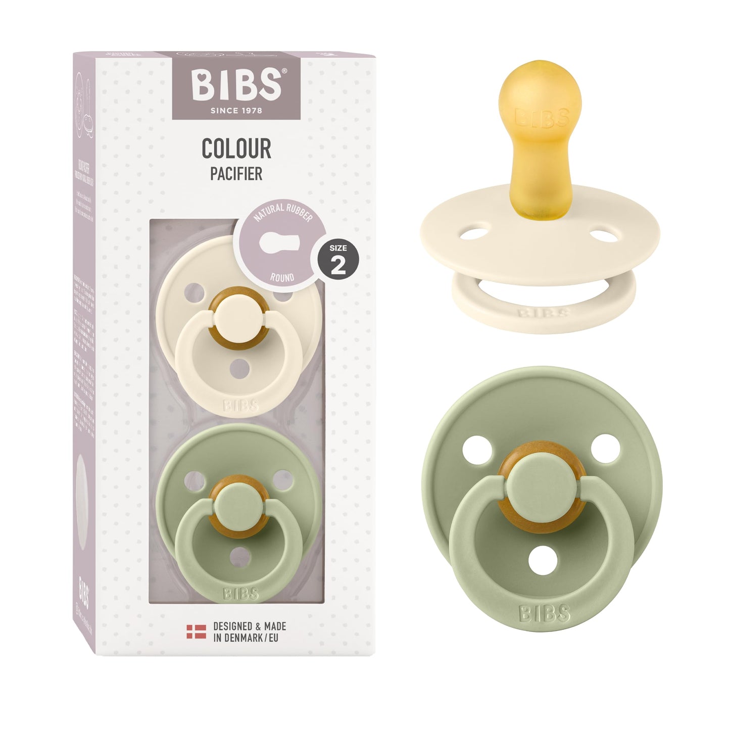 BIBS Pacifiers Colour Collection | Natural Rubber Baby Pacifier | Round Nipple | Set of 2 BPA-Free Soothers | Made in Denmark |