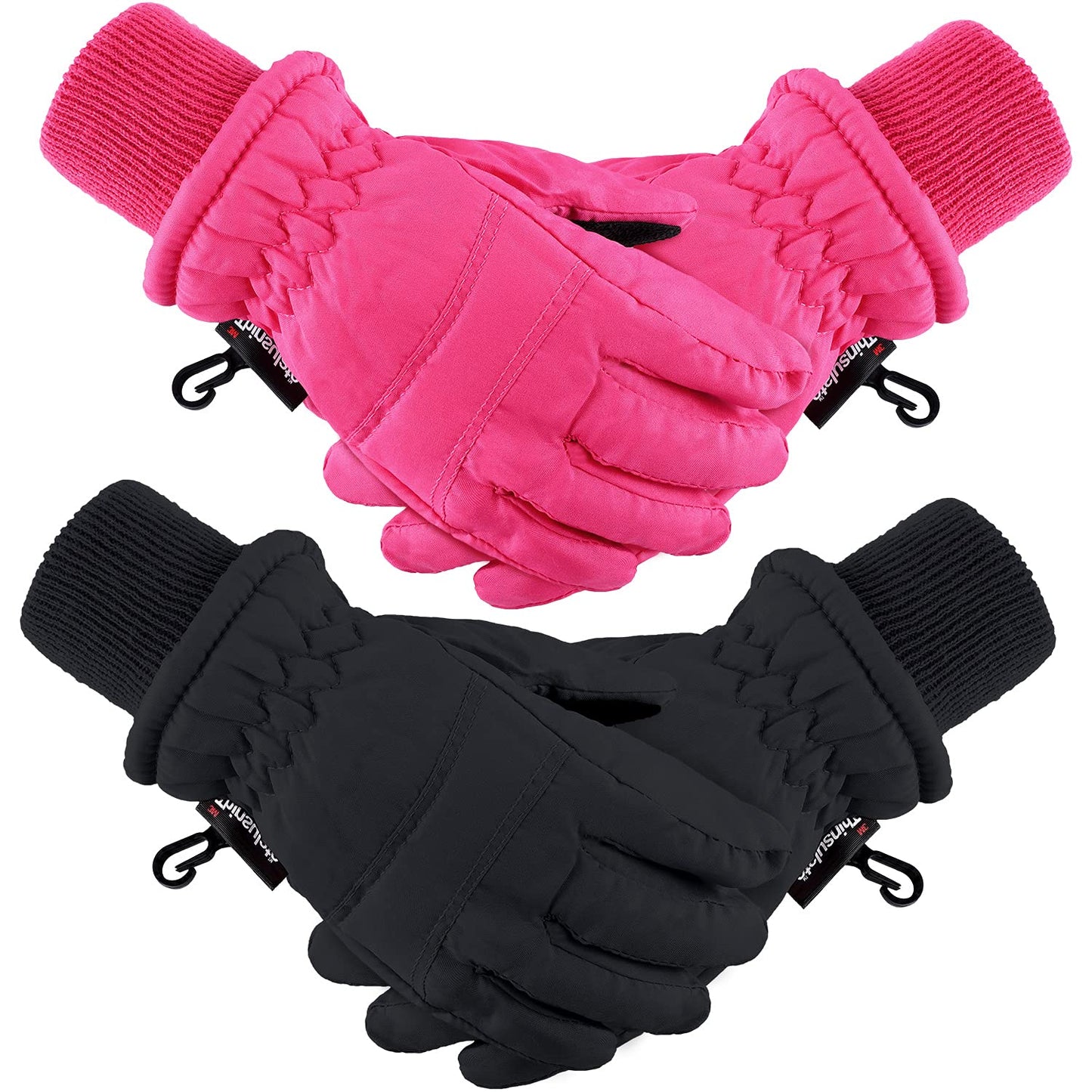 2 Pairs Kids Winter Ski Gloves Waterproof Warm Snow Mittens Full Finger Gloves for Toddlers Infants (Black, Rose Red, 5-10 Years