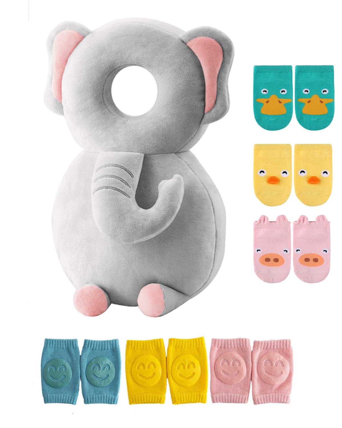 Junneng Toddler Baby Head Protector Pad Safety Cushion With Knee Pads&Anti-Slip Socks (Elephant),6 Months-3 Years