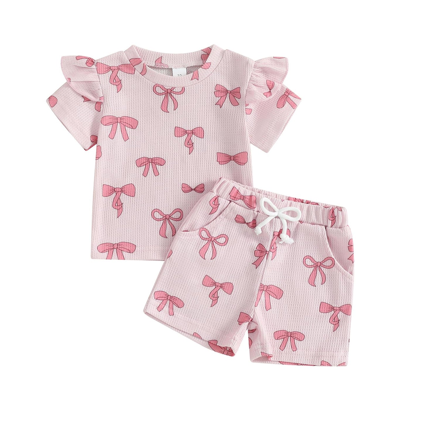 NZNDSHD Toddler Baby Girl Clothes Summer Bow Print Short Sleeve T-Shirt Tops Pockets Shorts Set Waffle Knit Outfit (Pink, 6-12 M