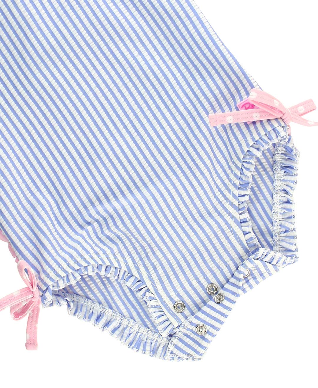 Rufflebutts Baby/Toddler Girls Long Sleeve One Piece Swimsuit - Blue Seersucker With Upf 50+ Sun Protection - 12-18M
