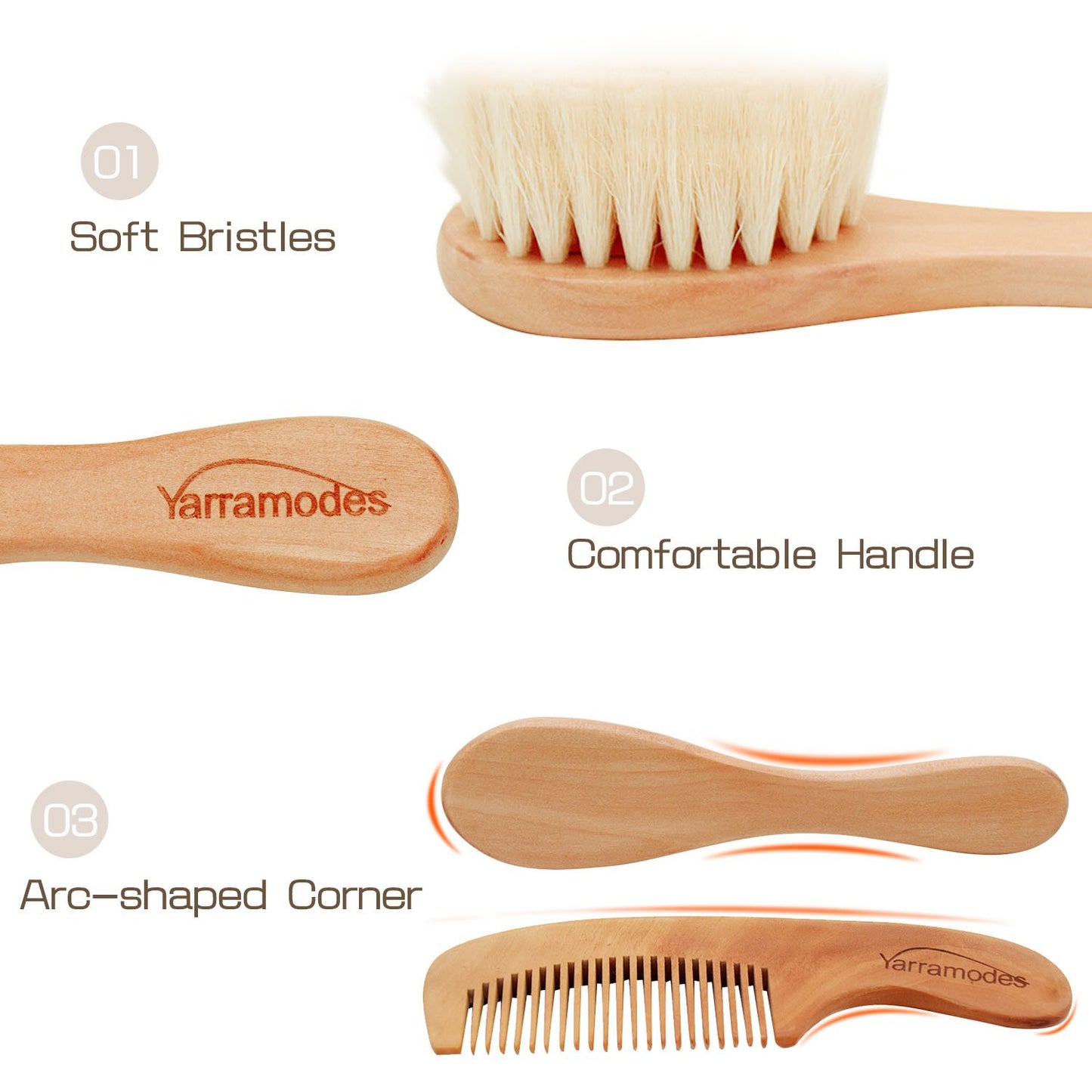 Yarramodes Baby Goat Hair Brush And Comb Set For Newborns & Toddlers| Eco-Friendly Safe Brush | Natural Wooden Comb | Soft Brist