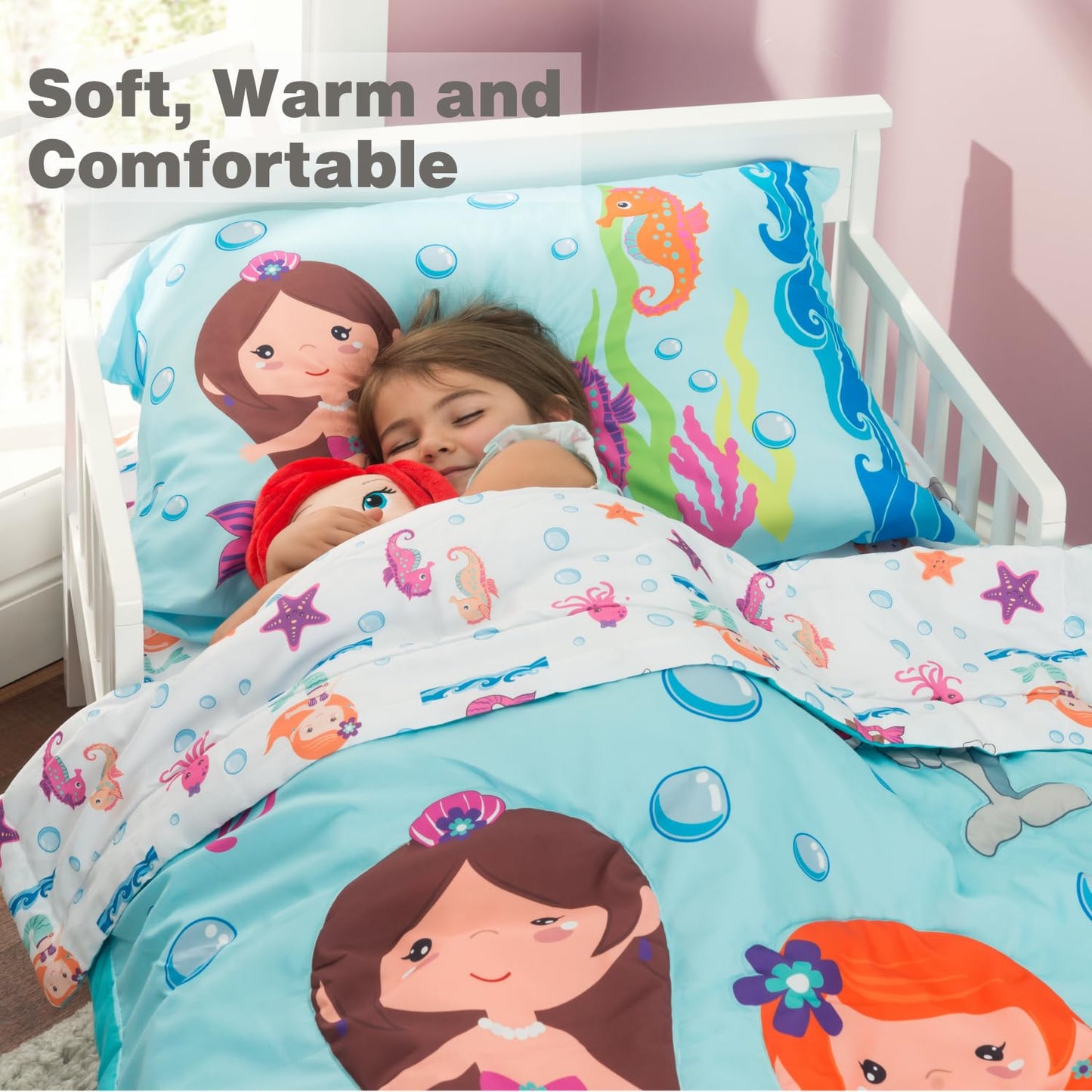 Everyday Kids 4 Piece Toddler Bedding Set -Undersea Mermaids Adventure- Includes Comforter, Flat Sheet, Fitted Sheet And Reversi
