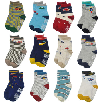 Skibeaut Toddler Socks 12 Pairs Non Slip Skid Socks For Kids Baby Girls Boys Grips 12-36 Months Cotton Crew Socks For 1-3 Years