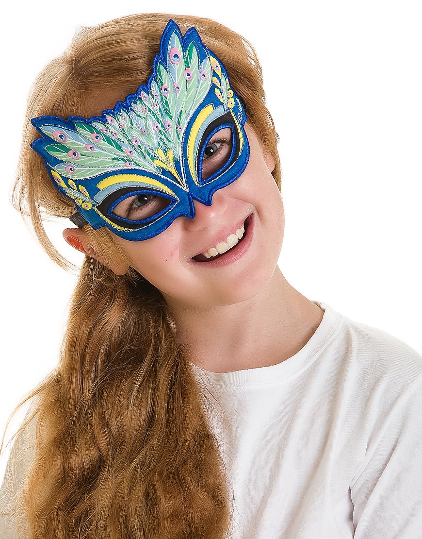 Fanciful Fabric Peacock Mask, 7''L Green