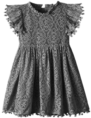 2Bunnies Girl Baby Toddler Vintage Lace Pom Pom Flutter Sleeve Easter Birthday Outfit Dress (Steel Gray, 5)