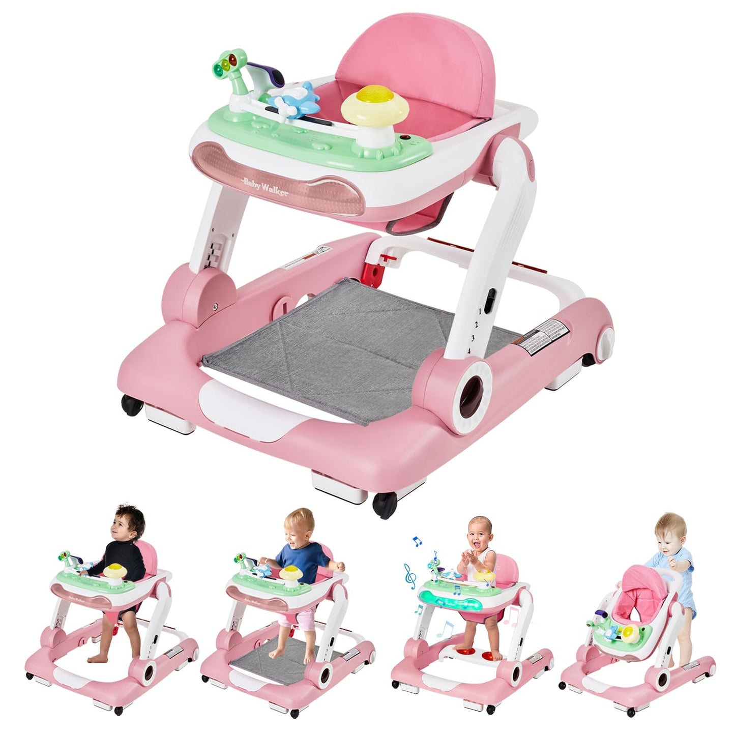 Music And Lights Baby Walker With Wheels,5-In-1 Baby Activity Center With Removable Toys And Music Bouncer,Adjustable Height Bab