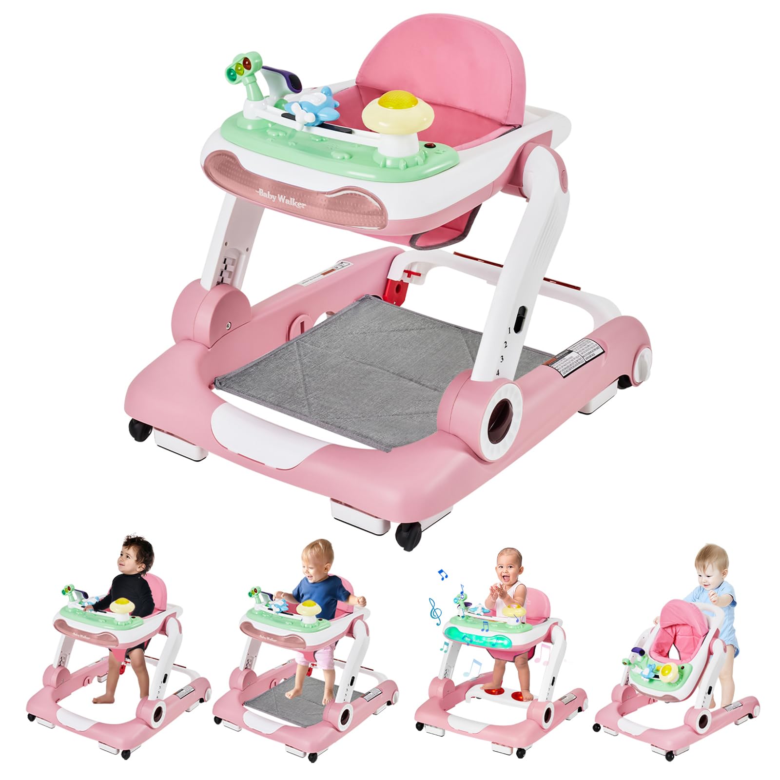 Music And Lights Baby Walker With Wheels,5-In-1 Baby Activity Center With Removable Toys And Music Bouncer,Adjustable Height Bab