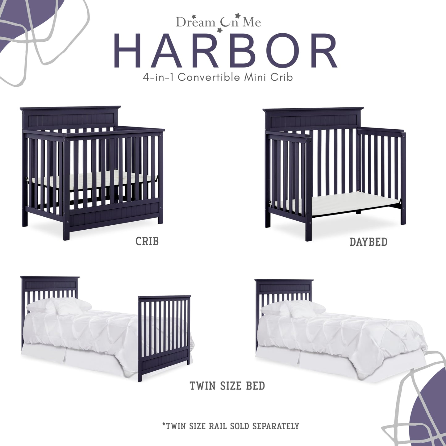 Dream On Me Harbor 4-In-1 Convertible Mini Crib In Navy, Greenguard Gold Certified